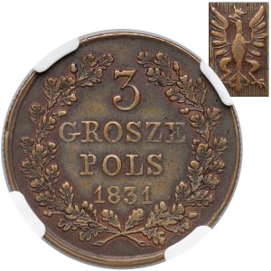 Powstanie Listopadowe, 3 grosze 1831 KG - łapy zgięte - RZADKOŚĆ - NGC AU53 BN