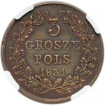 Powstanie Listopadowe, 3 grosze 1831 KG - łapy zgięte - RZADKOŚĆ - NGC AU53 BN