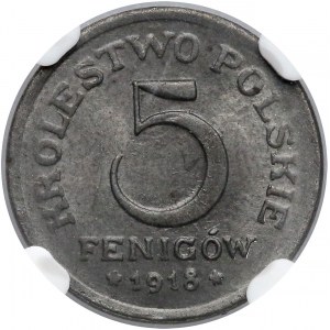 Królestwo Polskie, 5 fenigów 1918 - NGC MS65 (Max NGC)