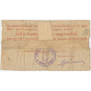 Krynica-Zdrój, 1 korona 1919 - stempel ZWIERZCHNOŚĆ GMINNA...