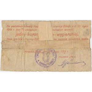 Krynica-Zdrój, 1 korona 1919 - stempel ZWIERZCHNOŚĆ GMINNA...