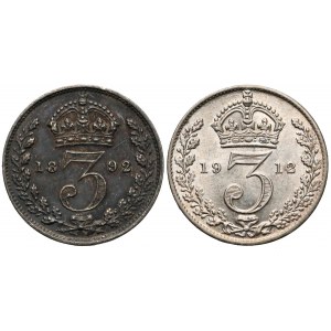 Wielka Brytania, Jerzy V i Wiktoria, 3 pensy 1892 i 1912 (2szt)