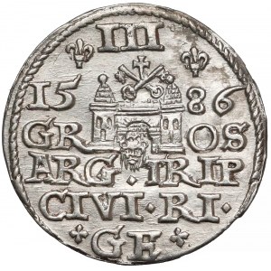 Stefan Batory, Trojak Ryga 1586 - mała głowa z krzyżem