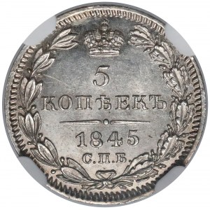 Rosja, Mikołaj I, 5 kopiejek 1845 КБ - NGC MS63