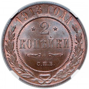 Rosja, Mikołaj II, 2 kopiejki 1913 - NGC MS66 RB (MAX)