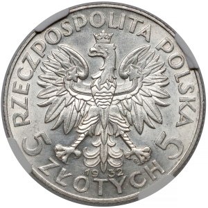 Głowa Kobiety 5 złotych 1932 zn, Warszawa - rzadkie - NGC AU55