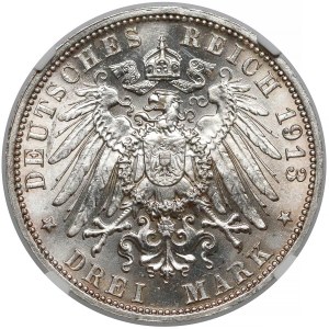 Saksonia, 3 marki 1913-E - zwycięstwo pod Lipskiem - NGC MS64