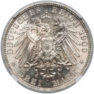 Reuss, 3 marki 1909-A - rzadkie - NGC MS63+