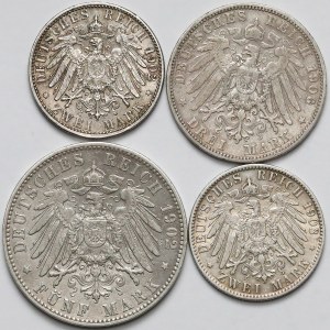 Niemcy, Badenia i Hamburg, 2-5 marek 1902-1908, zestaw (4szt)