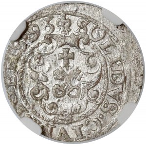 Zygmunt III Waza, Szeląg Ryga 1596 - przebitka z 87? - b.rzadki - NGC MS62