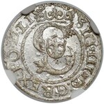 Zygmunt III Waza, Szeląg Ryga 1596 - przebitka z 87? - b.rzadki - NGC MS62