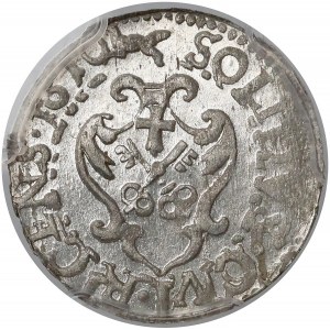 Zygmunt III Waza, Szeląg Ryga 1610 - zdeformowany mon. - PCGS MS62