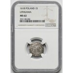 Zygmunt III Waza, Szeląg Wilno 1618 - ODWRÓCONY monogram - NGC MS62