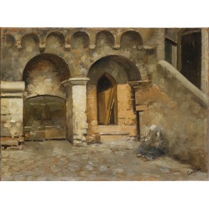 TEMISTOCLE LAMESI (Rome, 1870 - 1957), Courtyard with peasant