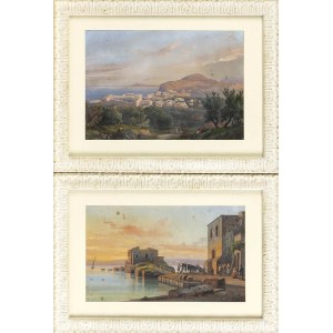 SALVATORE FERGOLA (Naples, 1799 - 1874), Lot composed by two napolitan landscape: Capri with Vesuvio view and View of a Port dated 1862