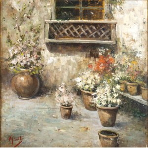 VINCENZO IROLLI (Naples, 1860 - 1949), Patio with flower pots