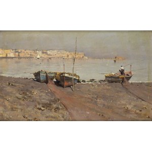 GIUSEPPE CASCIARO (Ortelle, 1863 - Naples, 1941), Seascape with fishermen