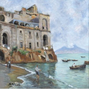 SALVATORE PETRUOLO (Catanzaro, 1857 - Naples, 1946), Napolitan seascape with fishermen and Vesuvio
