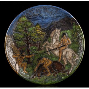 ZULIMO ARETINI (Monte San Savino, 1884 - Rome, 1965), Plate with decoration of primitive hunting scene, 1920s