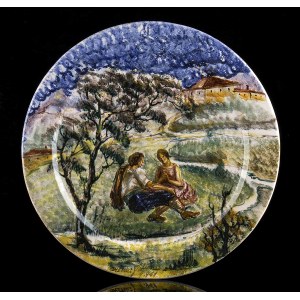ZULIMO ARETINI (Monte San Savino, 1884 - Rome, 1965), Plate with decoration of couple in conversation, 1947