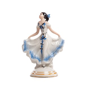 Figurka Tanečnice držící vlnité šaty, Steatite Ceramic Works Factory