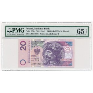 20 złotych 1994 -AB- PMG 65 EPQ - bardzo rzadka seria