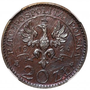 PRÓBA 20 złotych 1924 Monogram BRĄZ - NGC MS64 BN