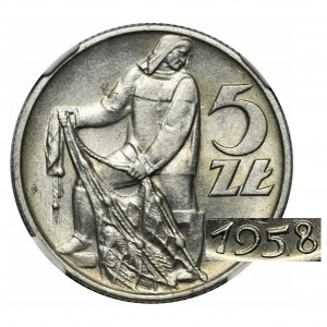 Rybak 5 złotych 1958 - wąska ósemka - NGC MS62