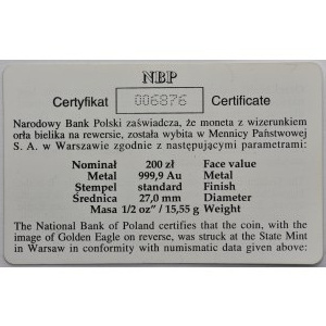 Orzeł Bielik - 200 złotych 2000 - Nakład 500 sztuk