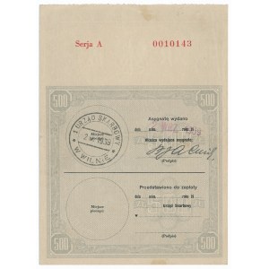 Asygnata Ministerstwa Skarbu (1939) - 500 złotych ze stemplem - RZADKA