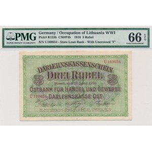 Poznań 3 ruble 1916 -U- krótka klauzula - PMG 66 EPQ 