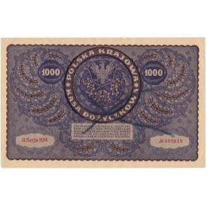 1.000 marek 1919 -II Serja BM - Destrukt z oryginalnym przekreśleniem