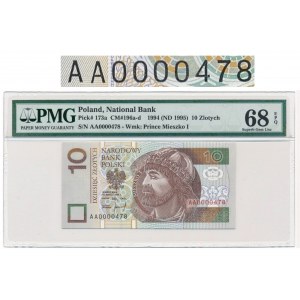 10 złotych 1994 -AA- 0000478 - PMG 68 EPQ - bardzo niski numer