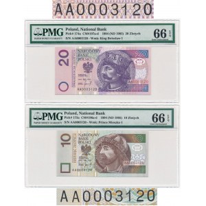 10 i 20 złotych 1994 -AA- 0003120 - ten sam numer seryjny - PMG 66 EPQ