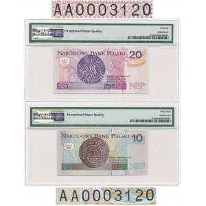 10 i 20 złotych 1994 -AA- 0003120 - ten sam numer seryjny - PMG 66 EPQ