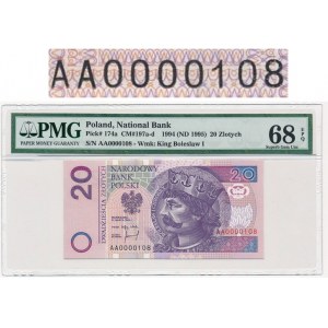 20 złotych 1994 -AA-0000108- PMG 68 EPQ - ekstremalnie niski numer