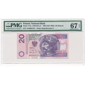 20 złotych 1994 -AA-0003131-PMG 67 EPQ - niski i ładny numer