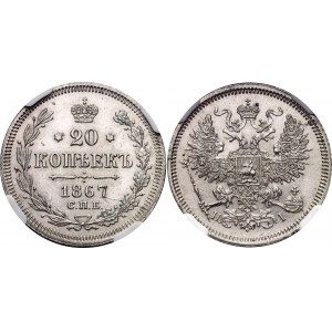Russia 20 Kopeks 1867 СПБ НI NGC UNC