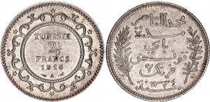 Tunisia 2 Francs 1916 A AH 1335
