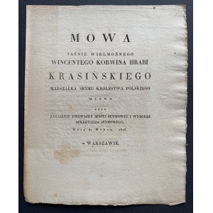 [KRASIŃSKI] MOWA Jaśnie Wielmożnego Wincentego Korwina Hrabi Krasińskiego, Marszałka Seymu Królestwa Polskiego [...]. Warszawa [1818]