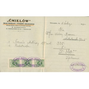 (rachunek) ,,Ćmielów'' Skład Porcelany i Wyrobów Ceramicznych. Warszawa 1930