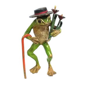 Karl Kouba, Frog with hat, walking stick and bouquet of flowers (Viennese bronze), late 19th century-early 20th century.
