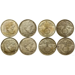 Germany, set: 4 x 2 marks, 1938 A, 3 x 1939 (B, D, J), Berlin, Hannover, Munich, Hamburg