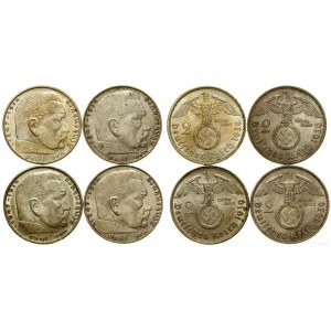 Niemcy, zestaw: 4 x 2 marki, 1938 A, 3 x 1939 (B, D, J), Berlin, Hanower, Monachium, Hamburg