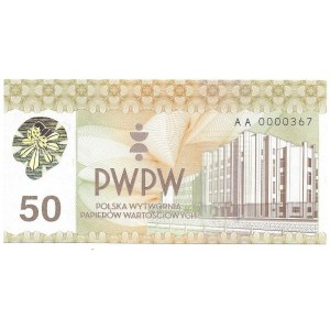 Banknot testowy PWPW - 50, niski numer AA 0000367