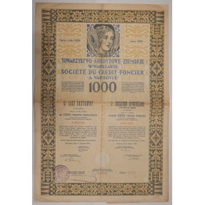 Towarzystwo Kredytowe Ziemskie - Warszawa - 6 % list zastawny 1000 franków 1929 