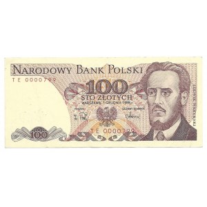 100 złotych 1988 - TE - niski numer 0000799