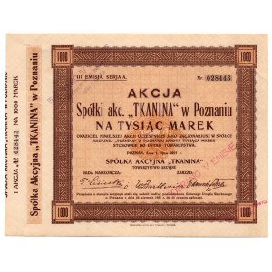 TKANINA - Spółka Akcyjna w Poznaniu - 1000 marek 1921 -