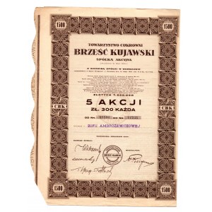 Akcja Imienna - Towarzystwo Cukrowni BRZEŚĆ KUJAWSKI S.A. - 5 x 300 złotych 1937 -