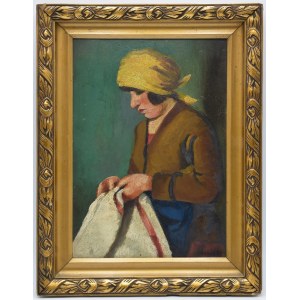 F. KOVACS, 20th century, Woman over a knitting machine